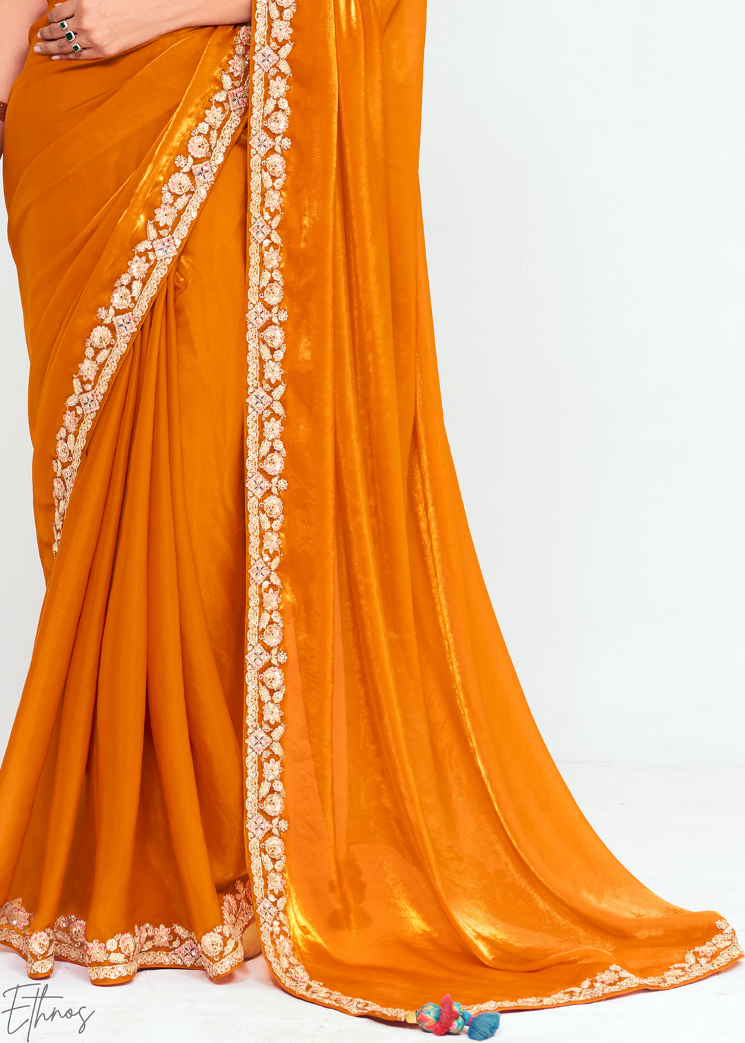 Sunset Orange Embroidered Tissue Saree