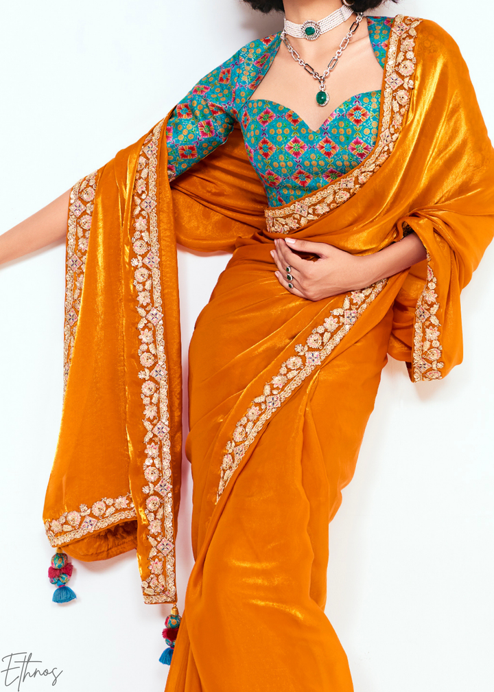 Sunset Orange Embroidered Tissue Saree