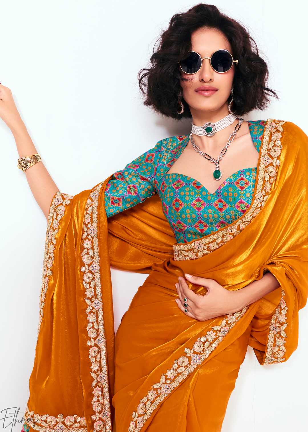 Sunset Orange Embroidered Tissue Saree