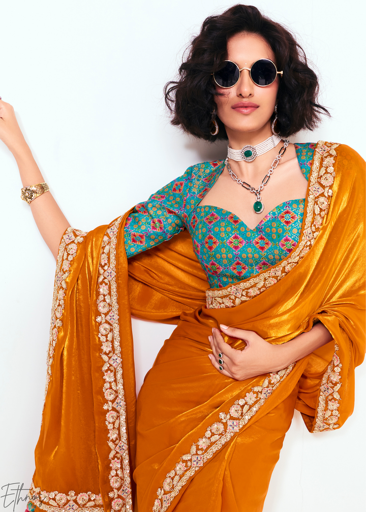 Sunset Orange Embroidered Tissue Saree