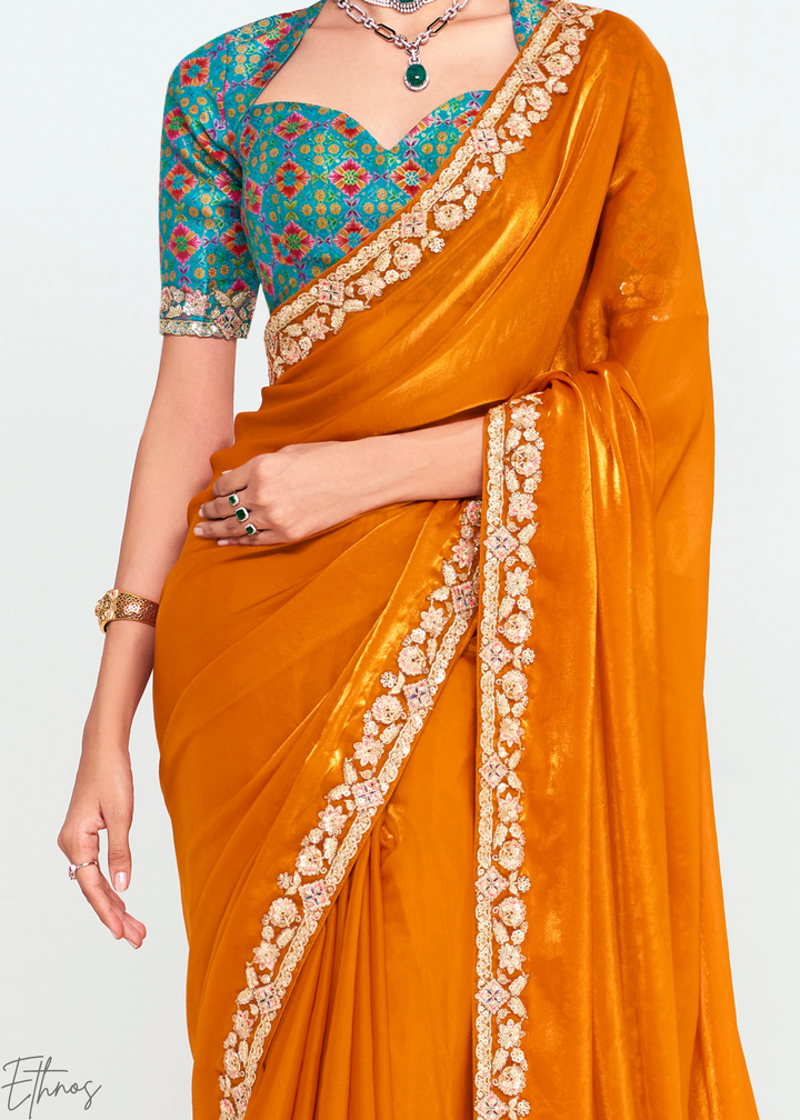Sunset Orange Embroidered Tissue Saree