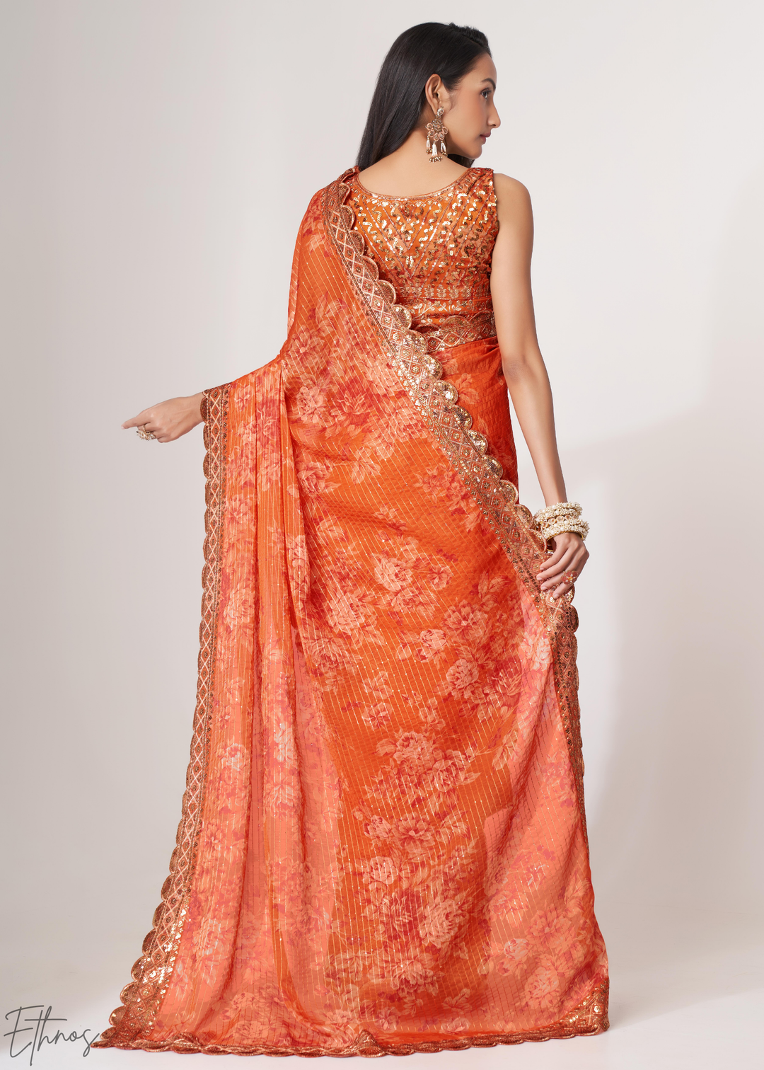 Sunset Orange Rose Floral Print Organza Saree