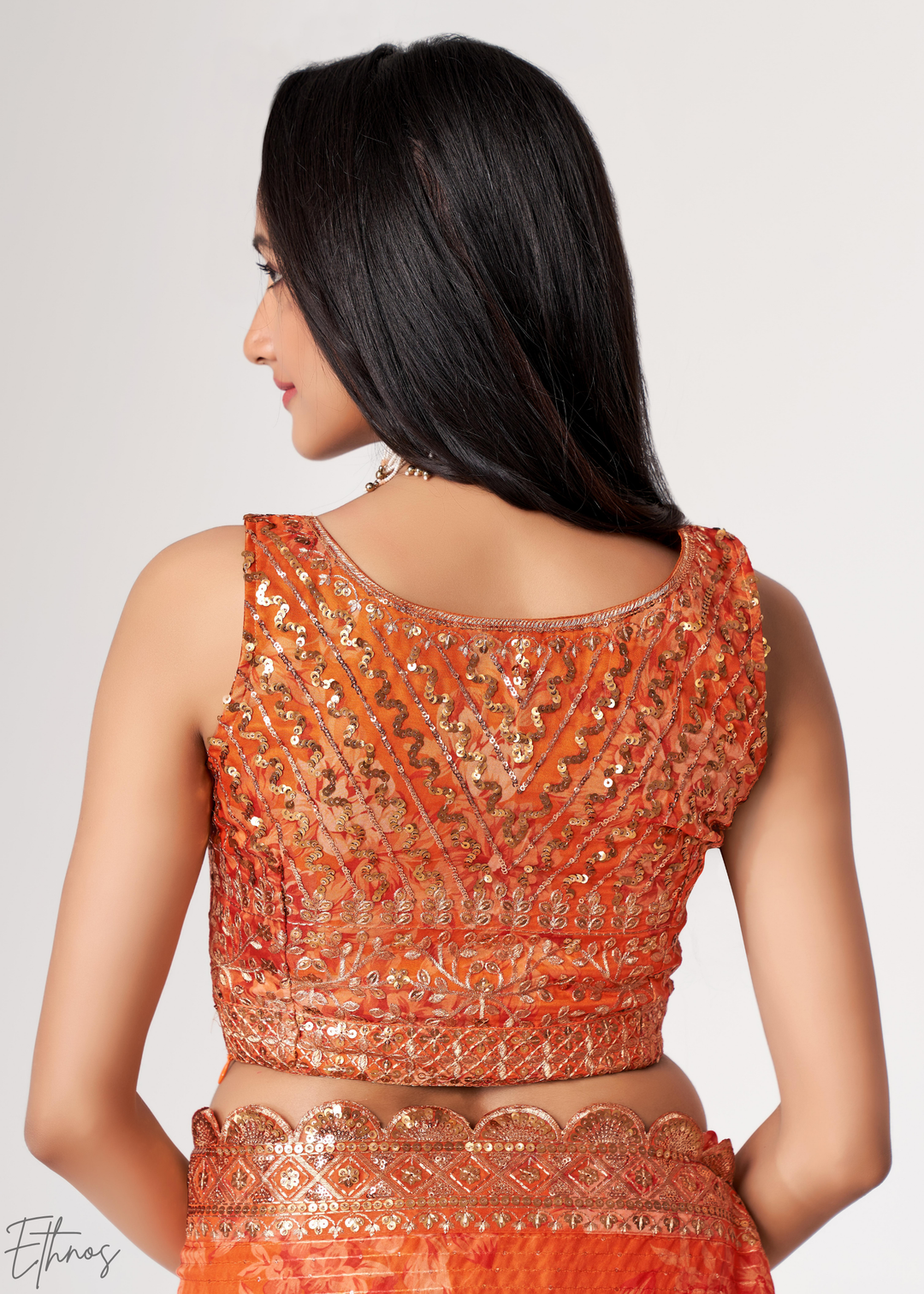 Sunset Orange Rose Floral Print Organza Saree