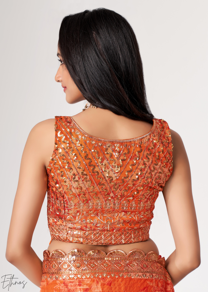 Sunset Orange Rose Floral Print Organza Saree