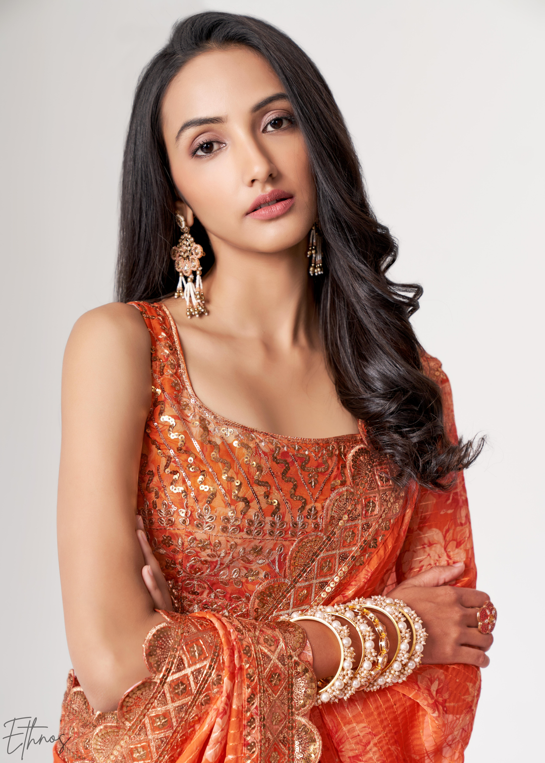 Sunset Orange Rose Floral Print Organza Saree