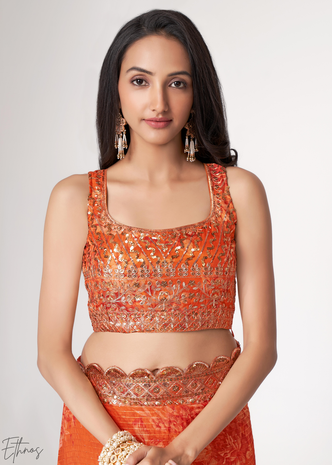 Sunset Orange Rose Floral Print Organza Saree