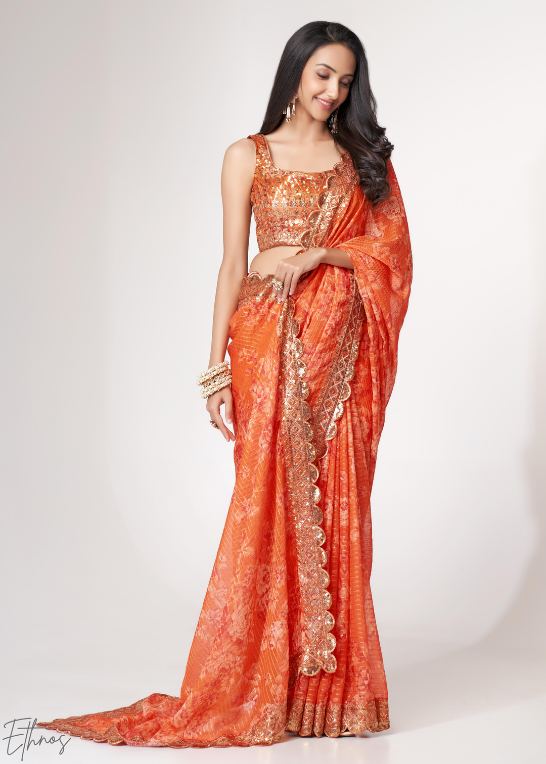 Sunset Orange Rose Floral Print Organza Saree