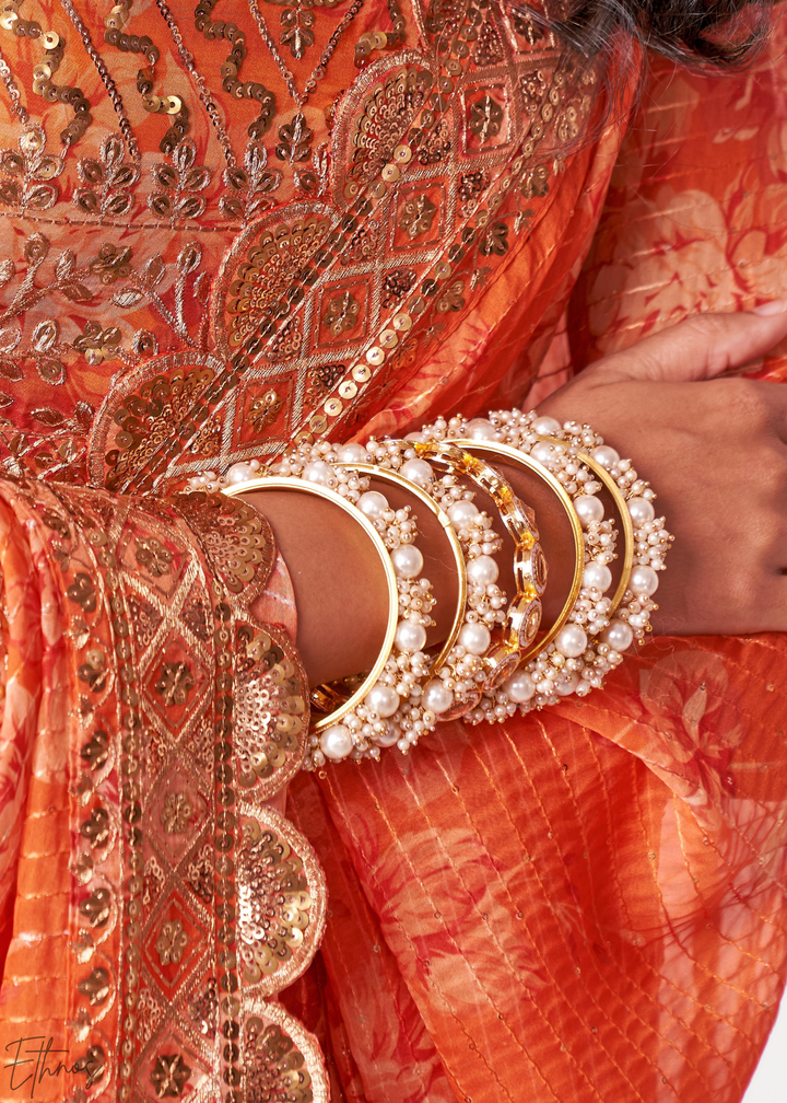 Sunset Orange Rose Floral Print Organza Saree