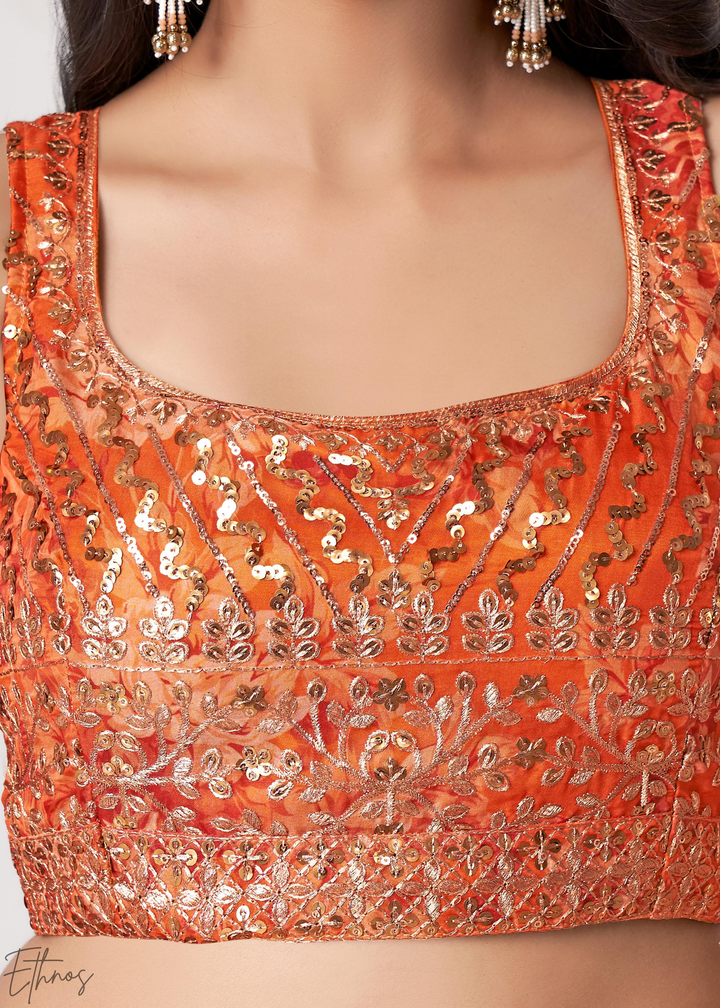 Sunset Orange Rose Floral Print Organza Saree