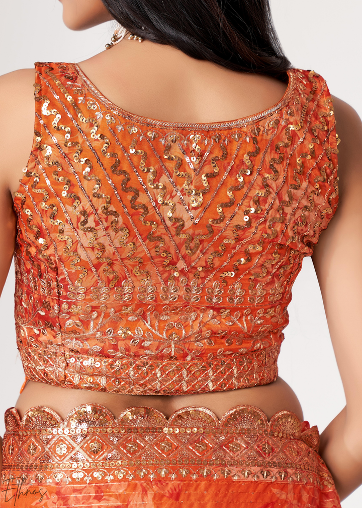 Sunset Orange Rose Floral Print Organza Saree