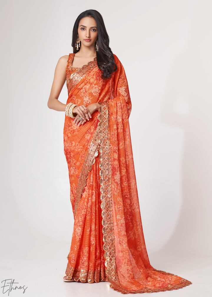 Sunset Orange Rose Floral Print Organza Saree