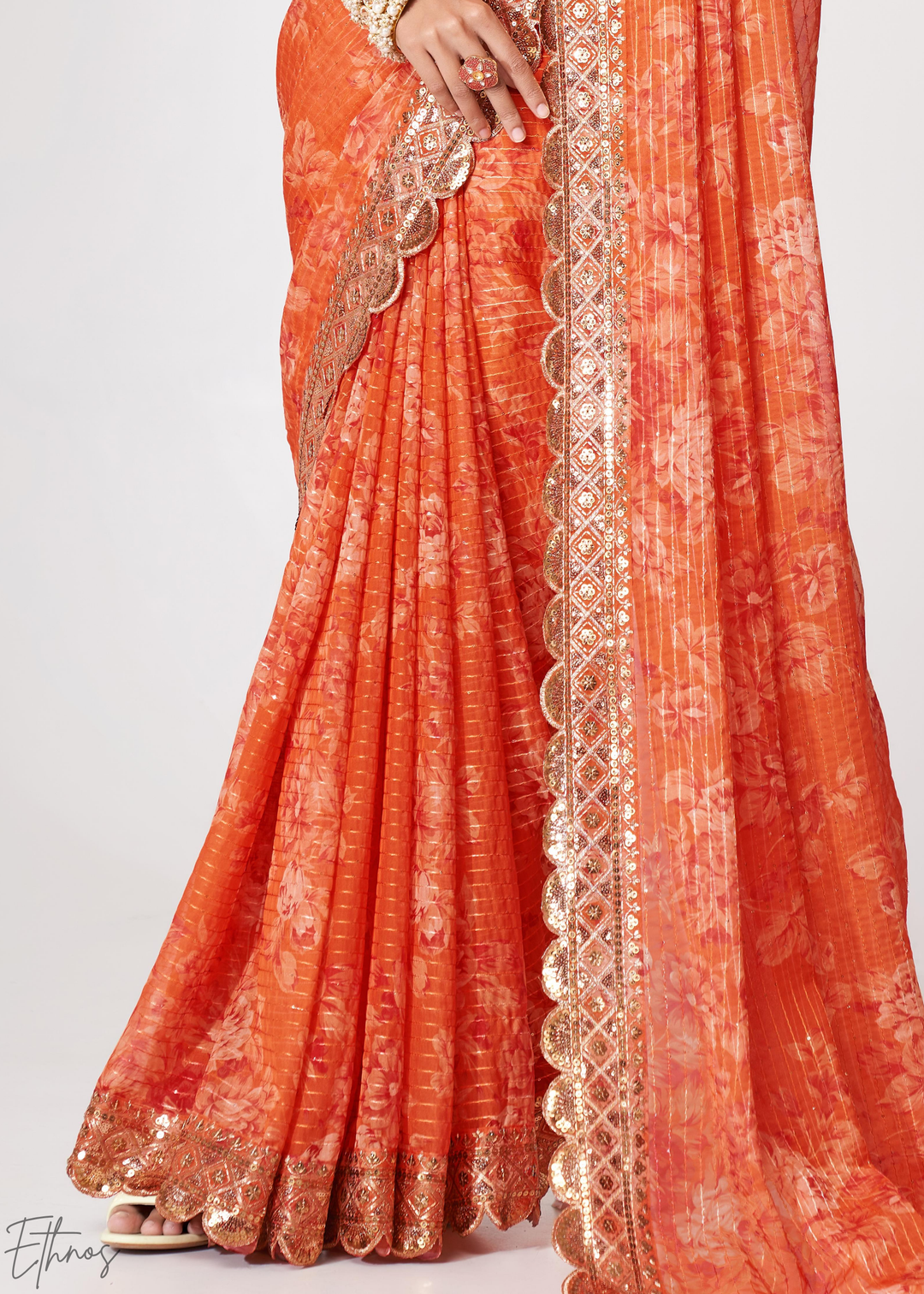 Sunset Orange Rose Floral Print Organza Saree