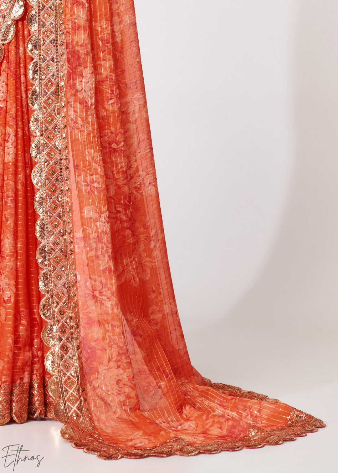 Sunset Orange Rose Floral Print Organza Saree
