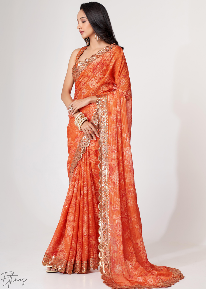 Sunset Orange Rose Floral Print Organza Saree