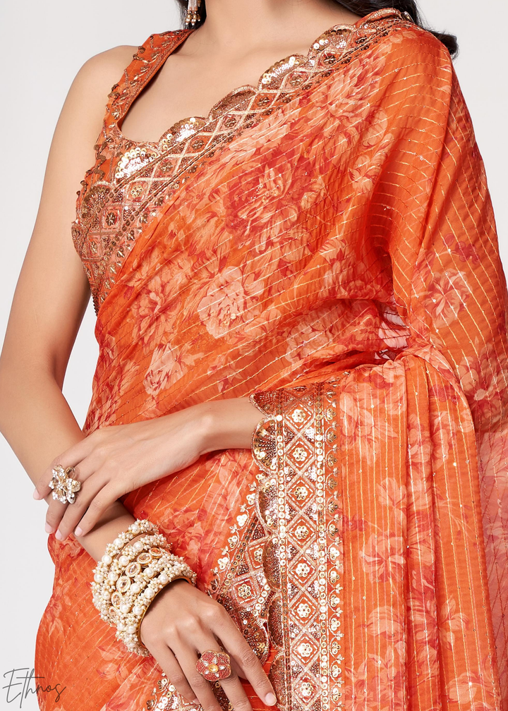 Sunset Orange Rose Floral Print Organza Saree