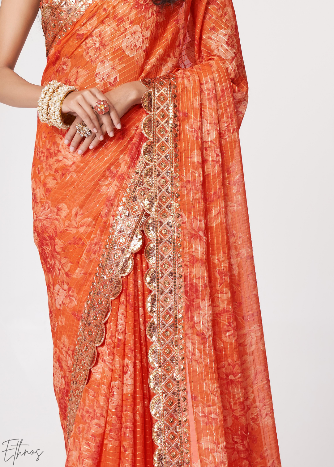 Sunset Orange Rose Floral Print Organza Saree