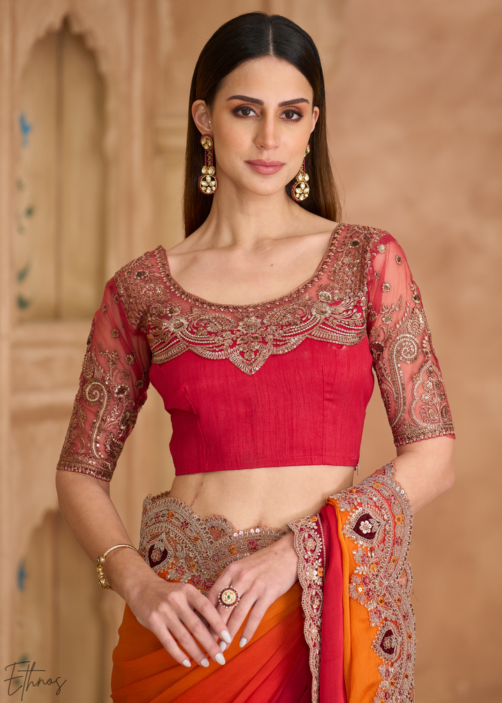 Sunset Zest Gold Work Satin Chiffon Saree