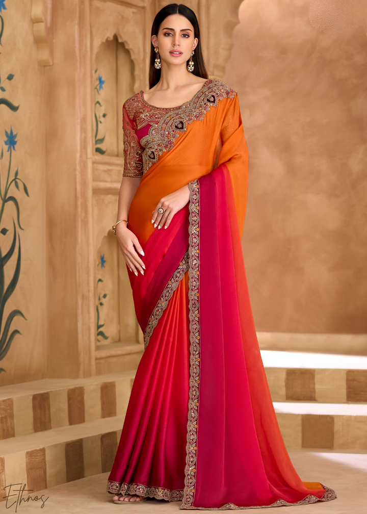 Sunset Zest Gold Work Satin Chiffon Saree