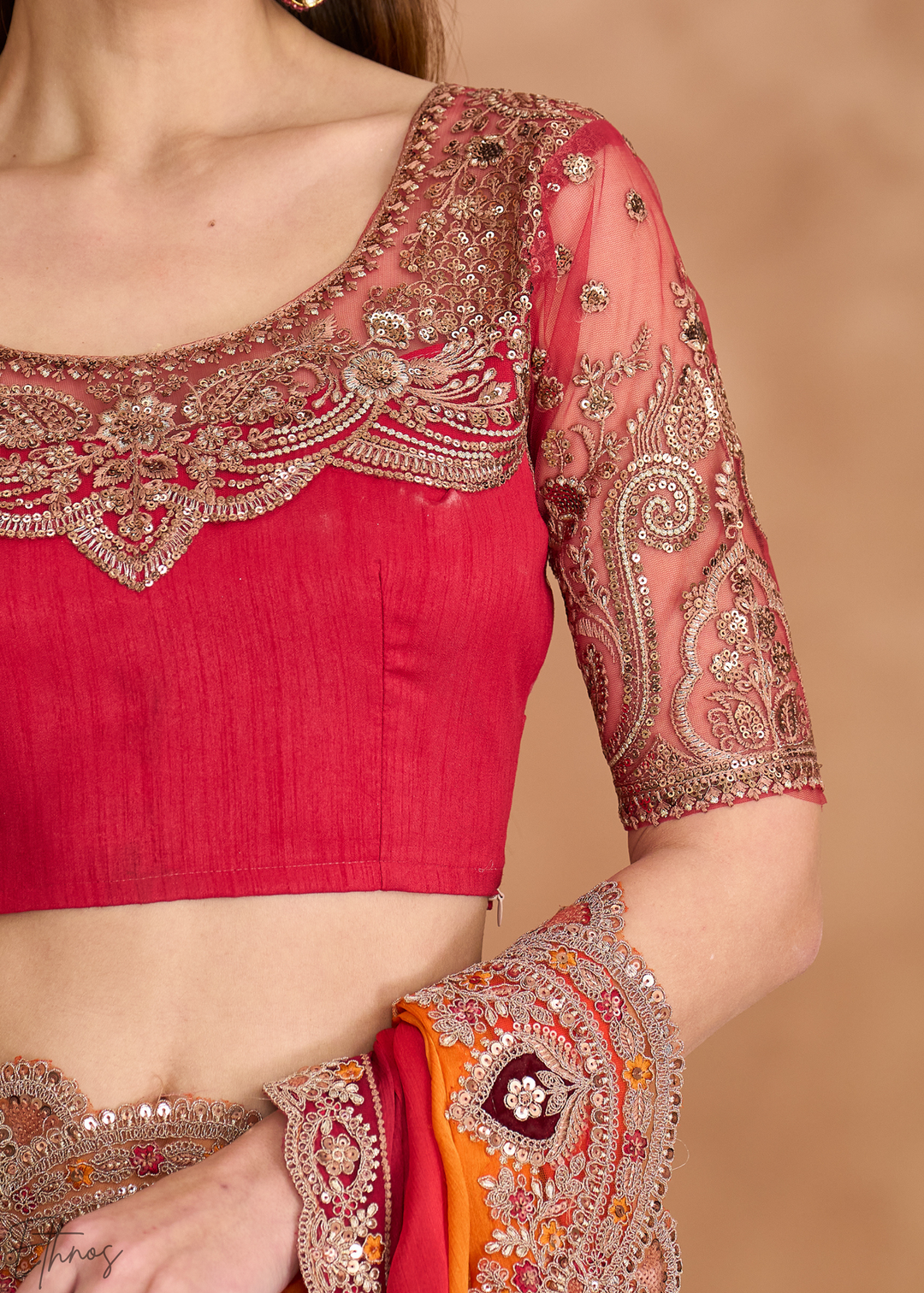 Sunset Zest Gold Work Satin Chiffon Saree