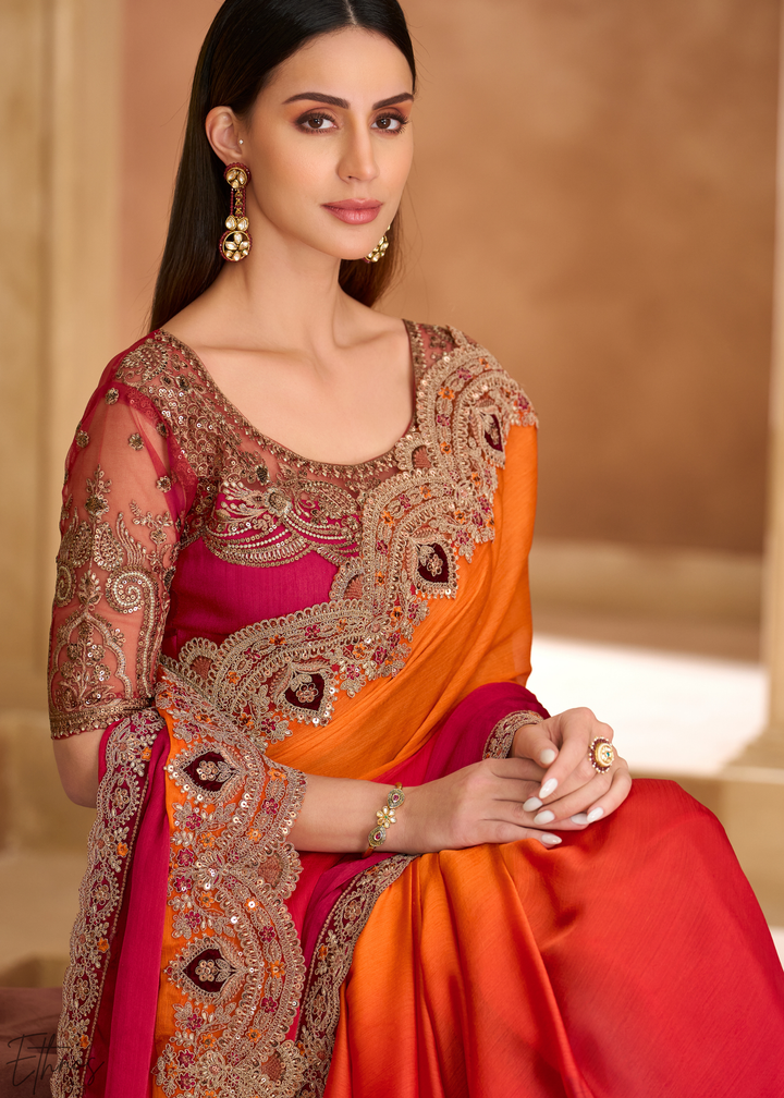 Sunset Zest Gold Work Satin Chiffon Saree