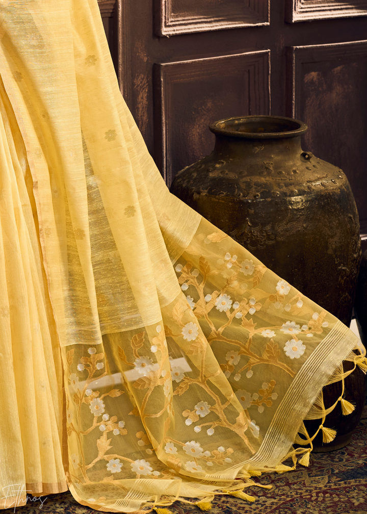 Sunset Amber Artisan Floral Weave Munga Cotton Saree