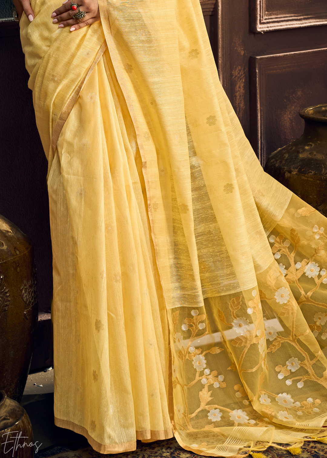 Sunset Amber Artisan Floral Weave Munga Cotton Saree
