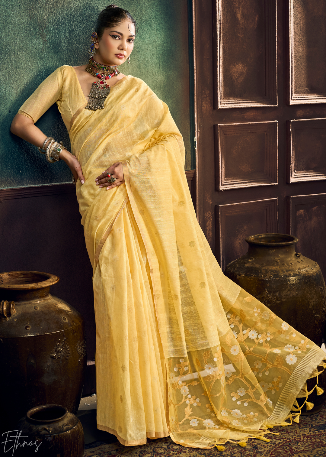 Sunset Amber Artisan Floral Weave Munga Cotton Saree