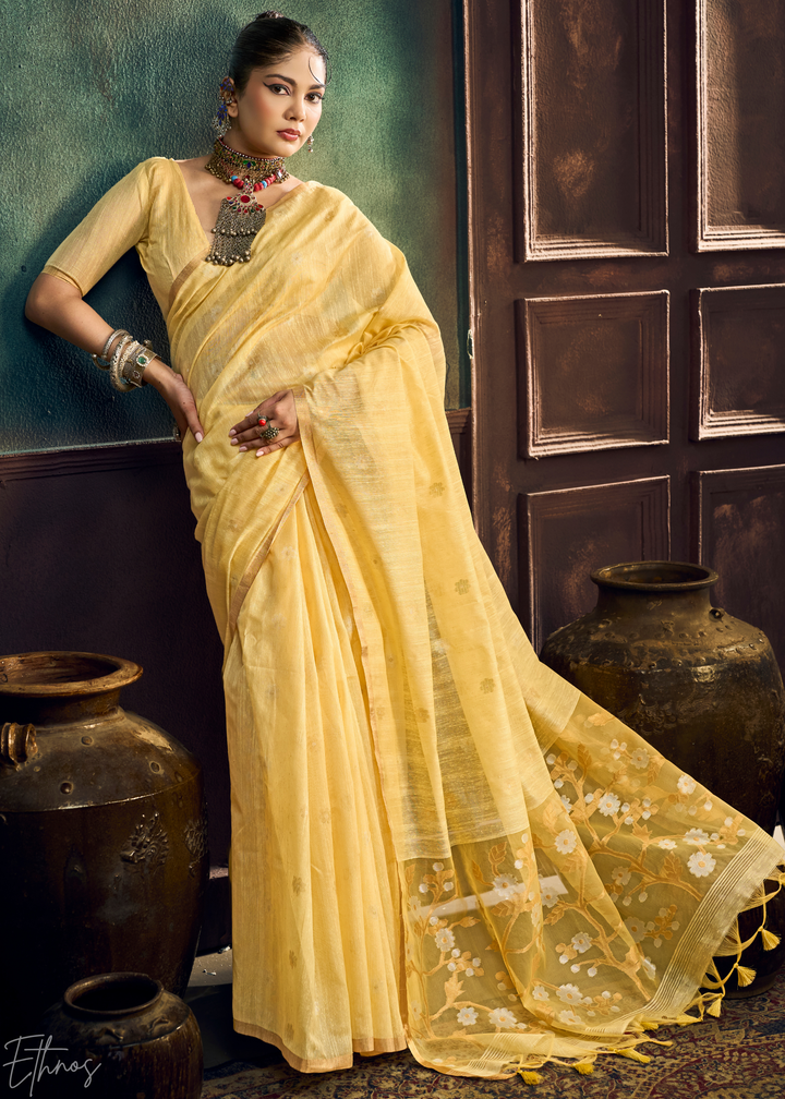 Sunset Amber Artisan Floral Weave Munga Cotton Saree