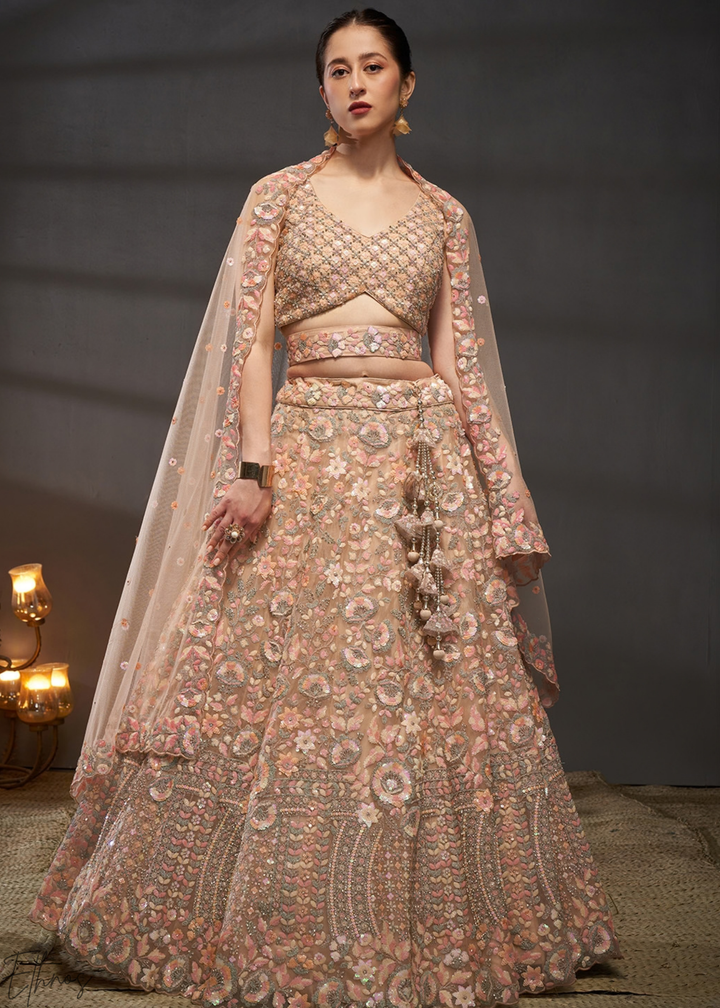 Sunset Amber Gilded Bouquet Net Lehenga