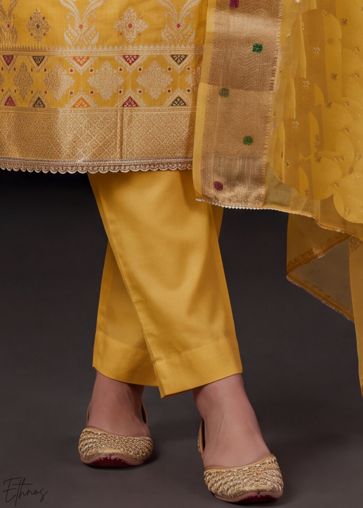 Sunset Marigold Geometric Tile Banarasi Cotton Pant Suit