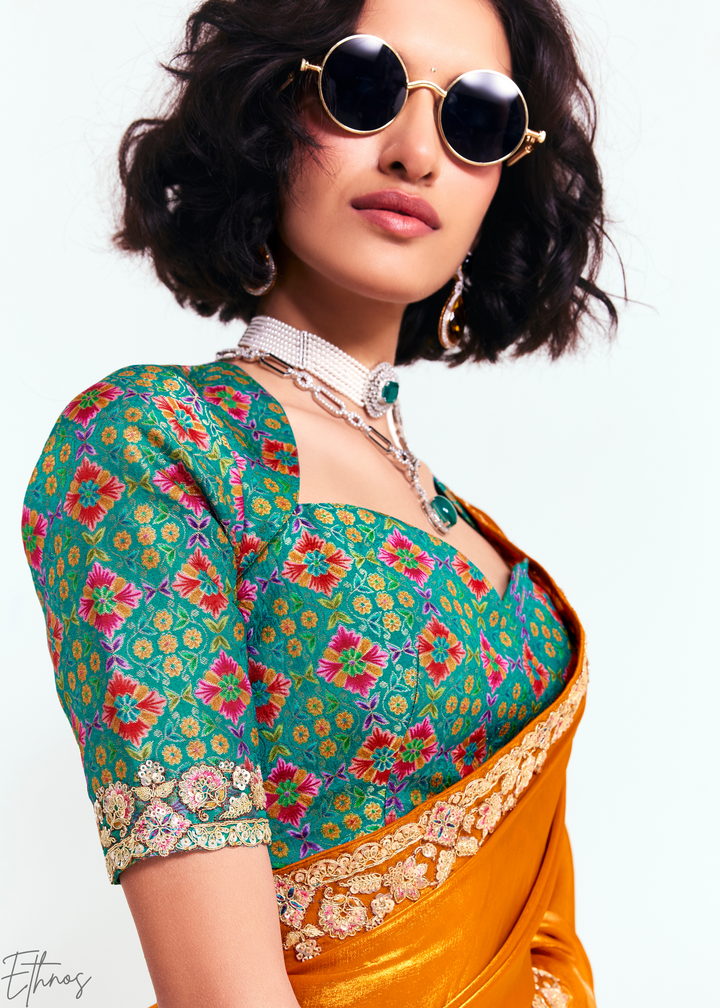 Sunset Orange Embroidered Tissue Saree