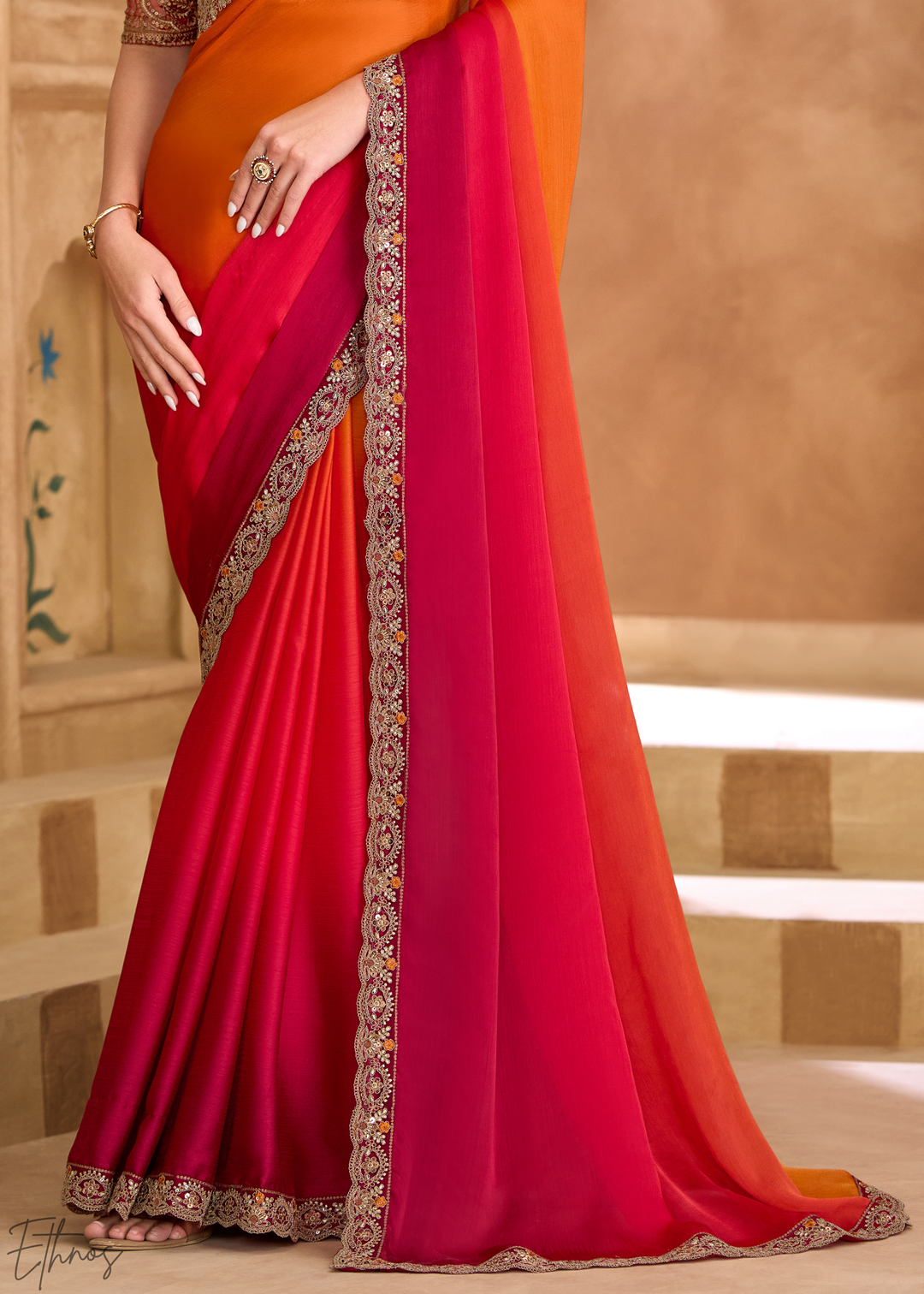 Sunset Zest Gold Work Satin Chiffon Saree