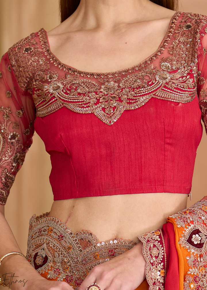 Sunset Zest Gold Work Satin Chiffon Saree