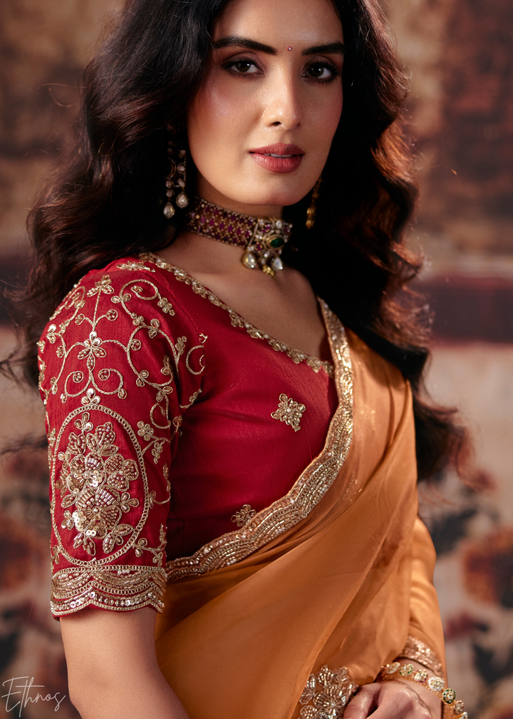 Tangerine Orange Border Detail Organza Saree