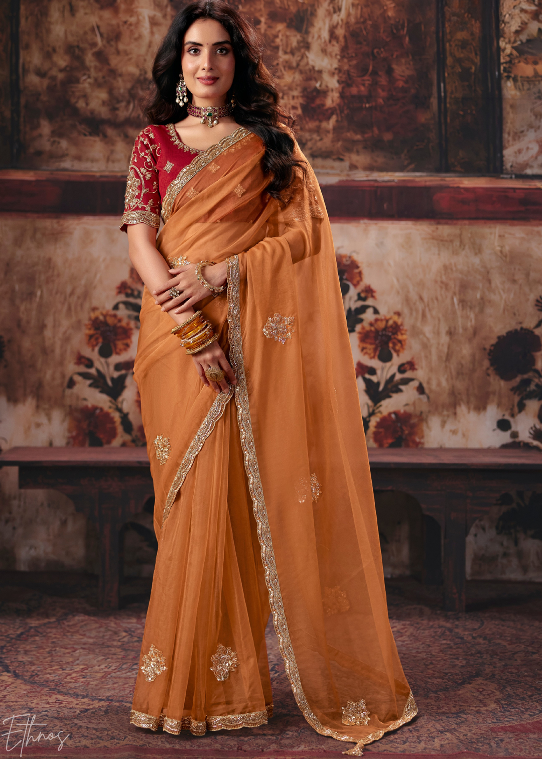 Tangerine Orange Border Detail Organza Saree