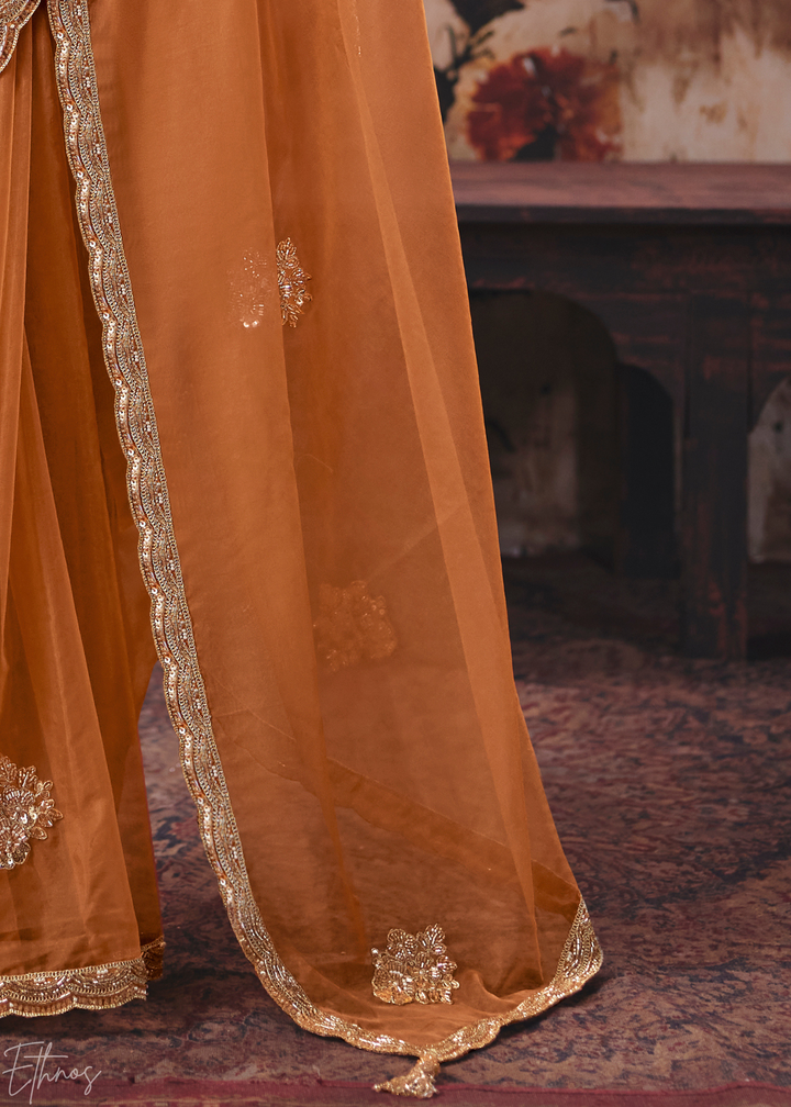 Tangerine Orange Border Detail Organza Saree