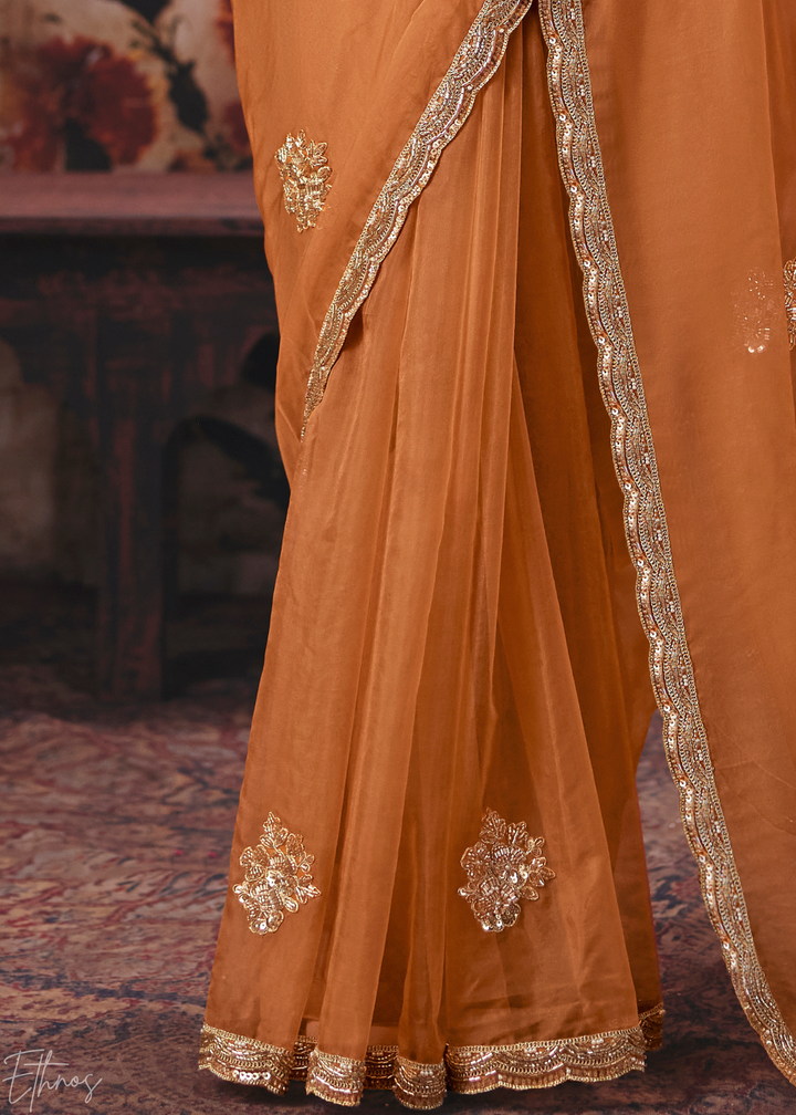 Tangerine Orange Border Detail Organza Saree
