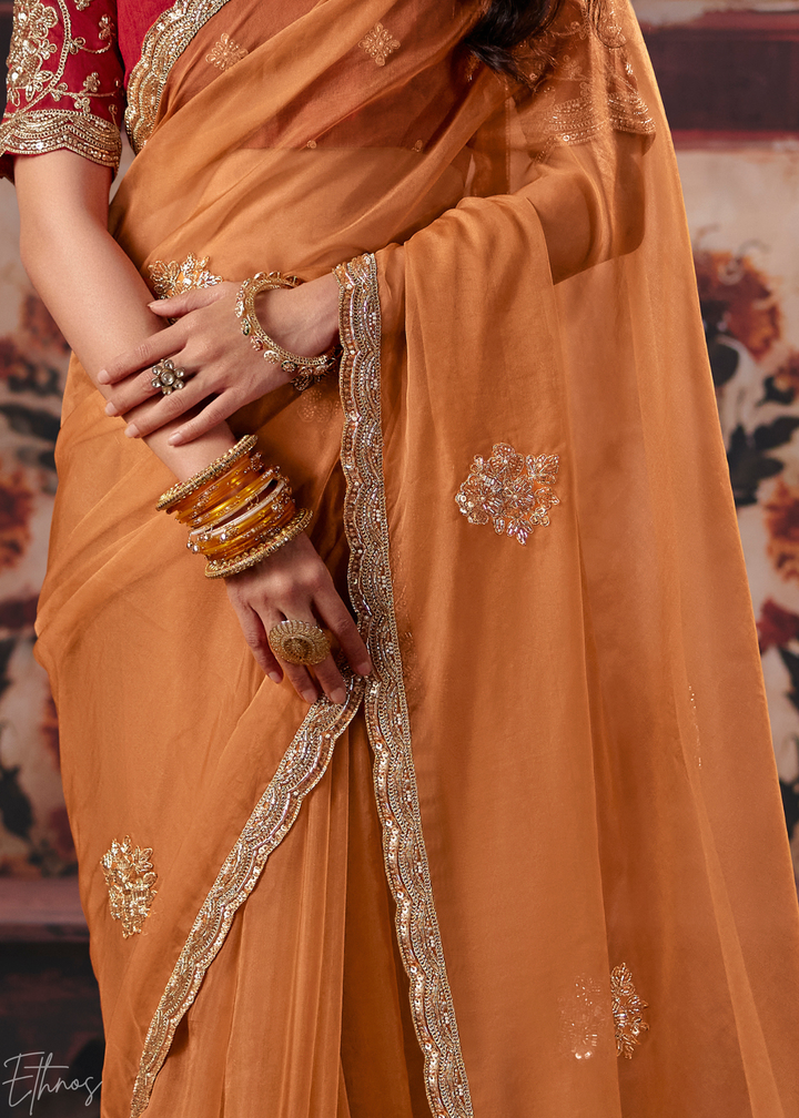 Tangerine Orange Border Detail Organza Saree