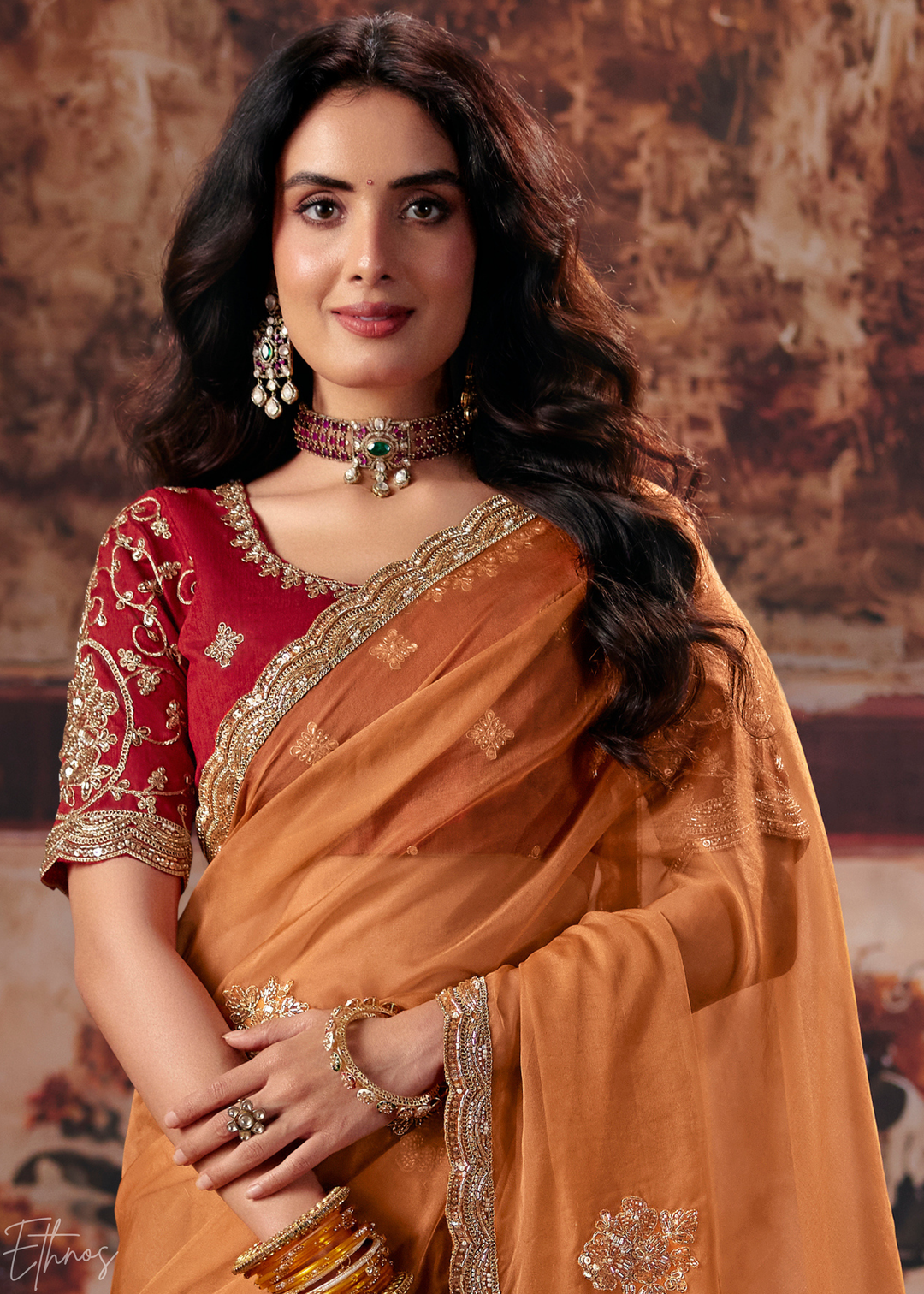 Tangerine Orange Border Detail Organza Saree