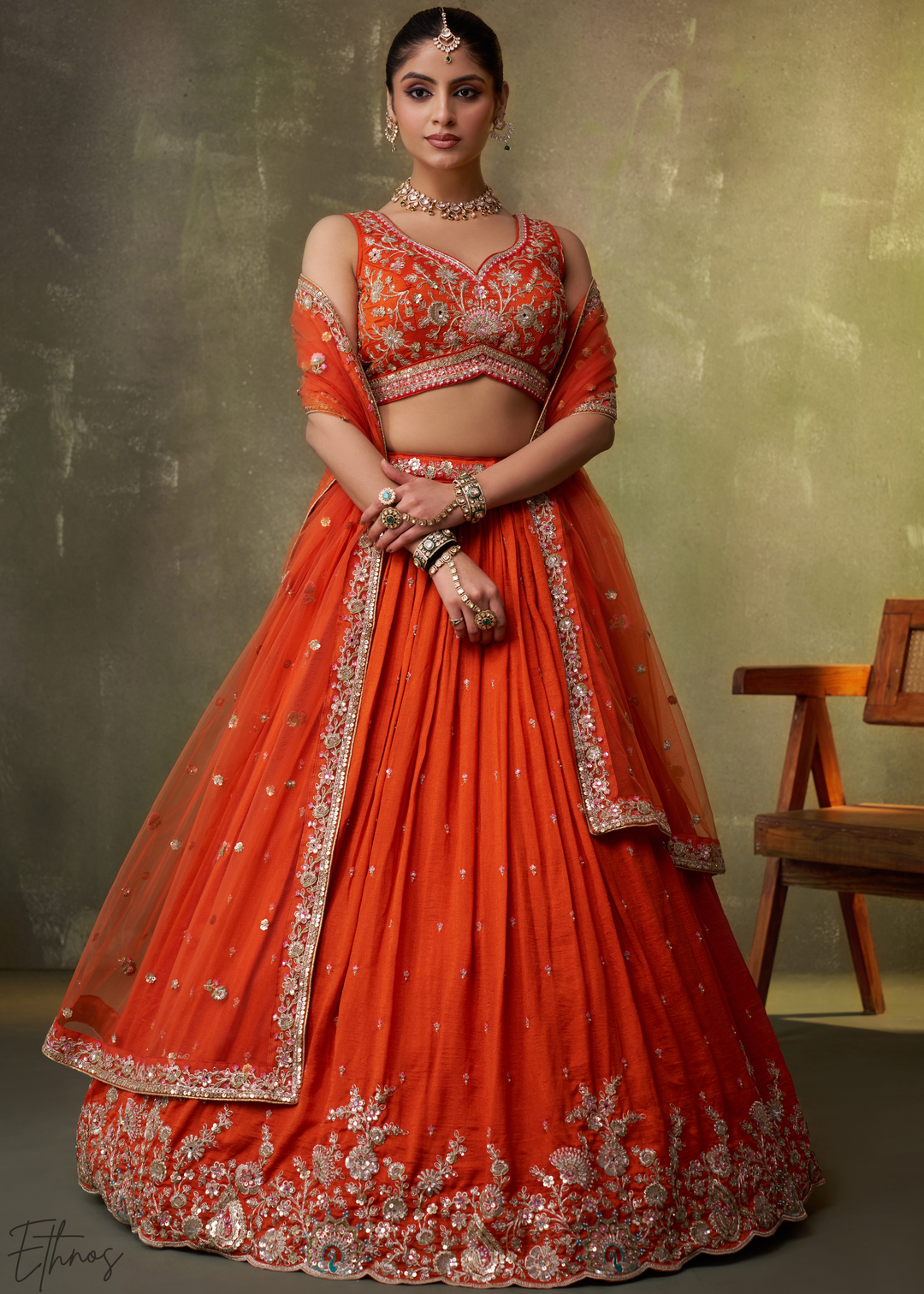 Tangerine Orange Floral Zari Embroidered Georgette Lehenga Choli