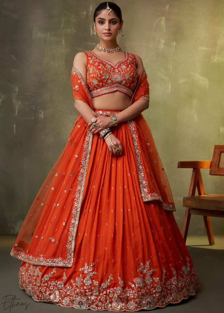 Tangerine Orange Floral Zari Embroidered Georgette Lehenga Choli
