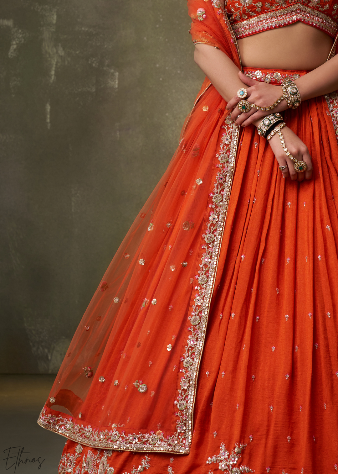Tangerine Orange Floral Zari Embroidered Georgette Lehenga Choli