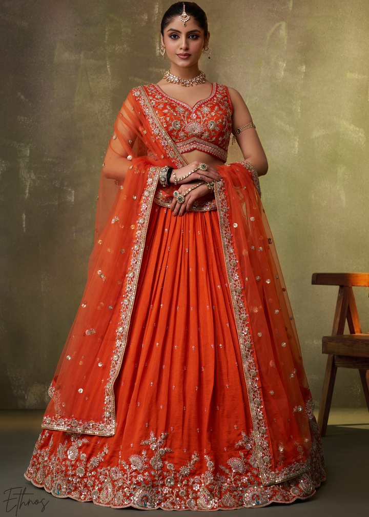Tangerine Orange Floral Zari Embroidered Georgette Lehenga Choli