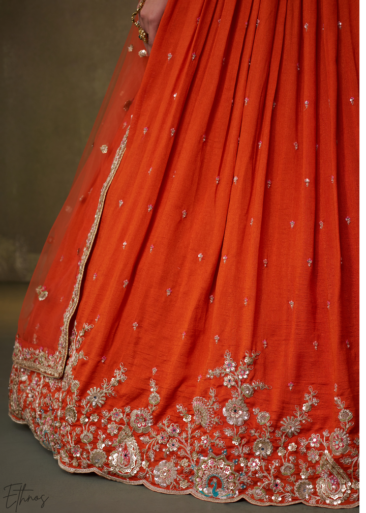Tangerine Orange Floral Zari Embroidered Georgette Lehenga Choli