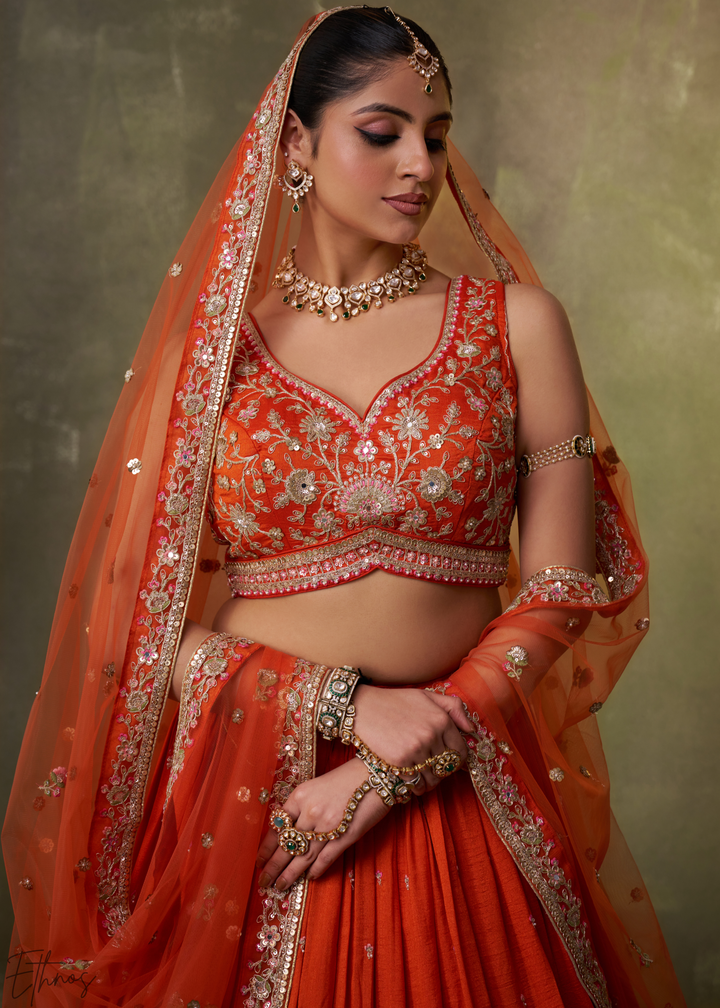 Tangerine Orange Floral Zari Embroidered Georgette Lehenga Choli