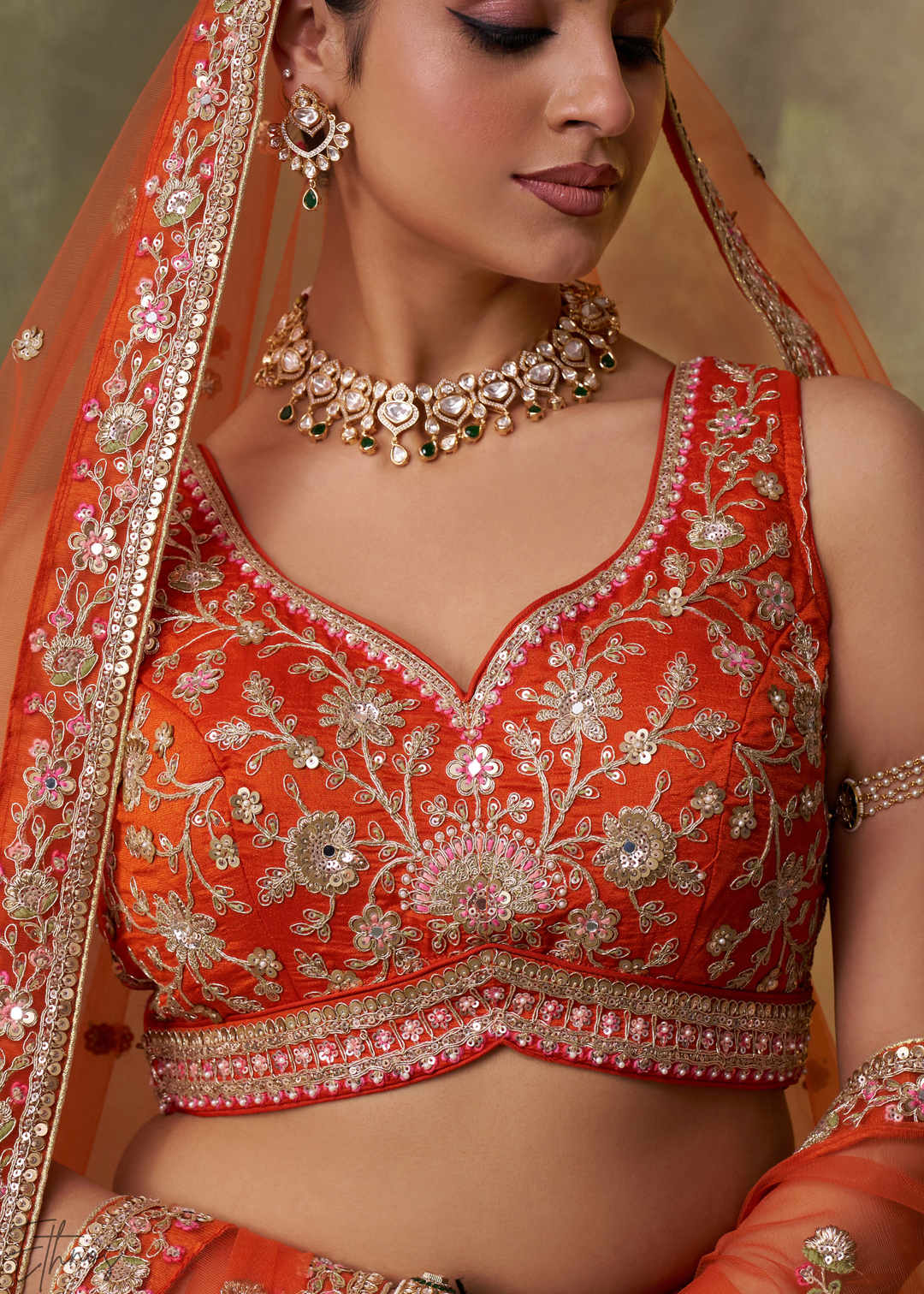 Tangerine Orange Floral Zari Embroidered Georgette Lehenga Choli