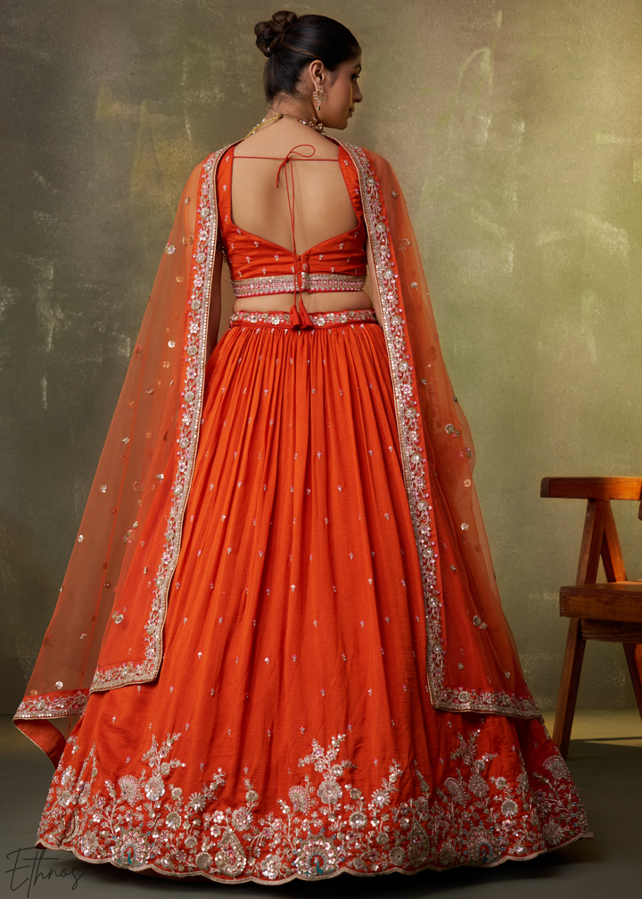 Tangerine Orange Floral Zari Embroidered Georgette Lehenga Choli