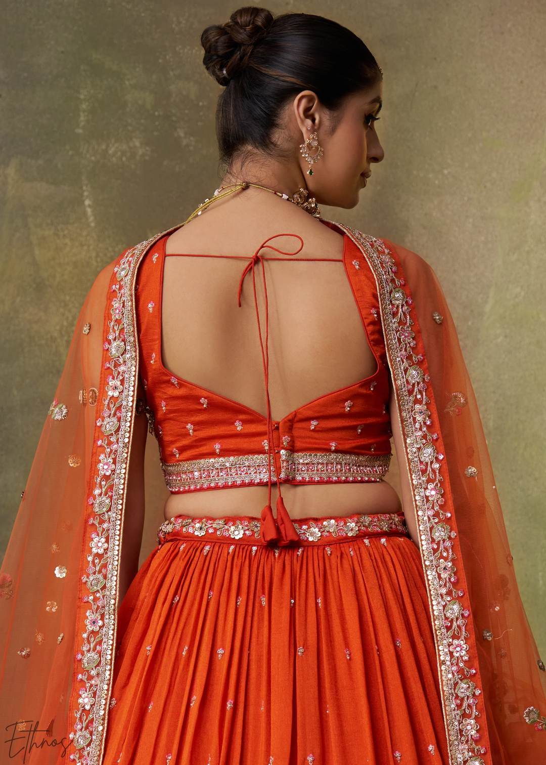 Tangerine Orange Floral Zari Embroidered Georgette Lehenga Choli