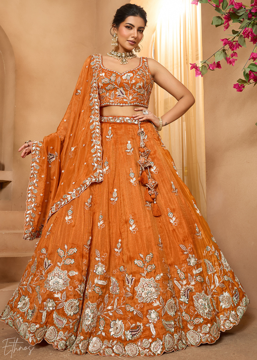Tangerine Orange Floral Zari Embroidered Tissue Lehenga Choli