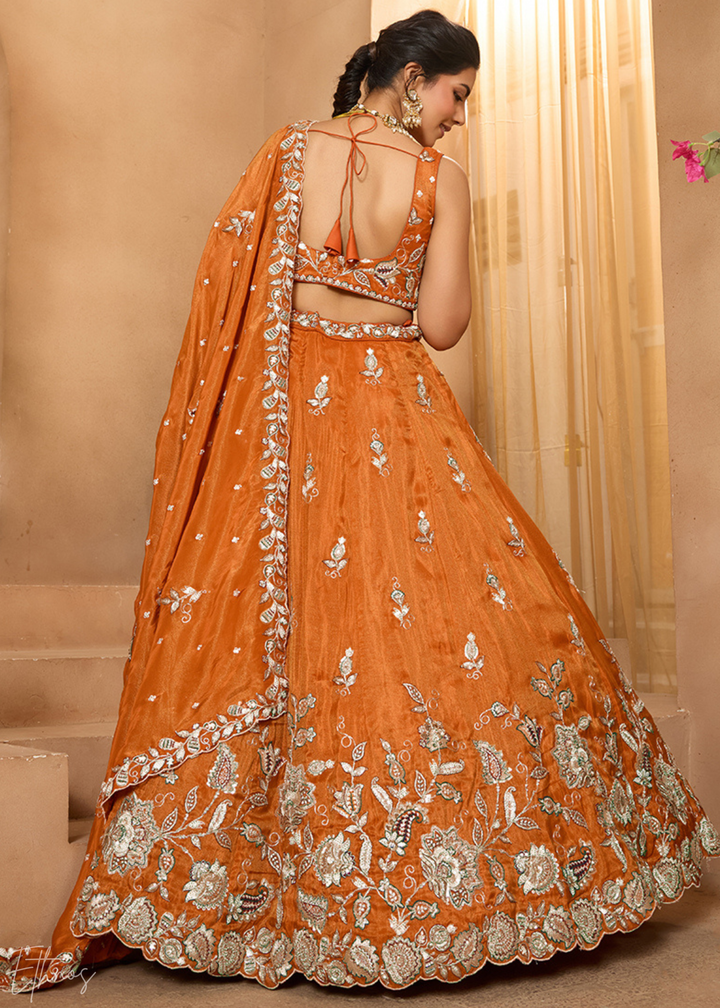 Tangerine Orange Floral Zari Embroidered Tissue Lehenga Choli